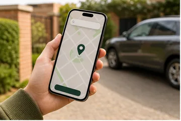 Smartphone showing a postcode map check beside a car on a driveway