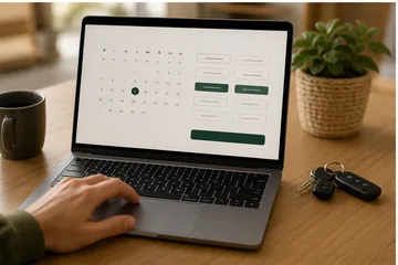 Laptop showing a booking calendar and available appointment slots