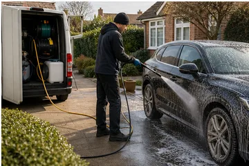 Mobile car wash van cleaning a car on a customer's driveway