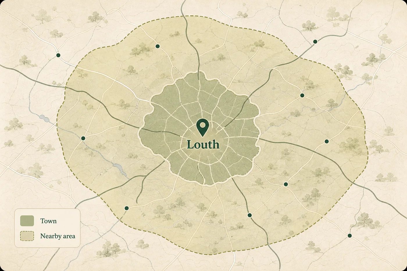 Illustrated map showing Louth town area and the wider nearby service area