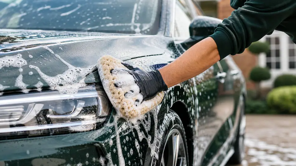 A freshly washed car exterior with water beading on clean paintwork